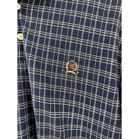 🌸3/$15🌸Small Plaid Navy Blue with Yellow Thin Stripes Polo Shirt sz Smal - Picture 2 of 4